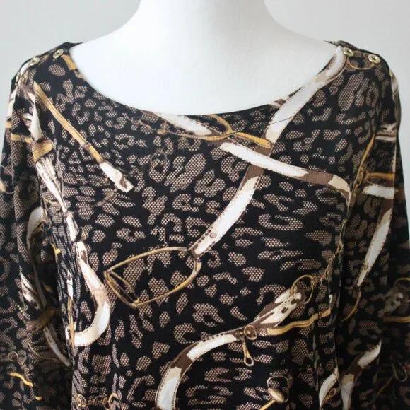 Rafaella Brown 100% Cotton Horse Stirrup Cheetah Print Blouse Large Petite - Picture 2 of 8